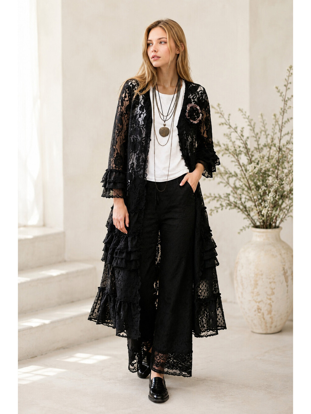 Ensy Handmade Upcycled Black Lace Duster Robe Peacock Embroidery M Boho